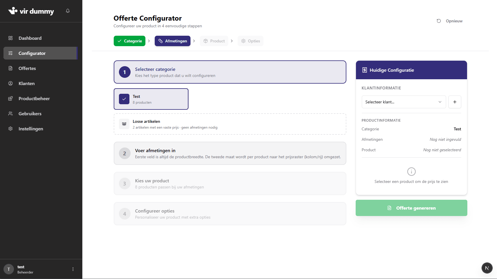 De offerteconfigurator in de dealeromgeving van Voortmakers: categorie kiezen, afmetingen invoeren, product en opties, met de huidige configuratie rechts